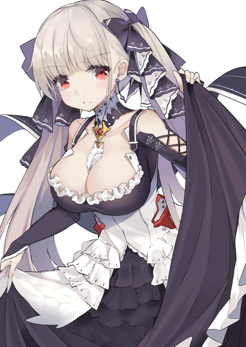 1girl azur_lane bangs between_breasts black_dress black_ribbon breasts cleavage collarbone dress eyebrows_visible_through_hair formidable_(azur_lane) highres large_breasts long_hair looking_at_viewer red_eyes ribbon silver_hair simple_background slumcat smile solo twintails two-tone_dress two-tone_ribbon white_background white_dress white_ribbon