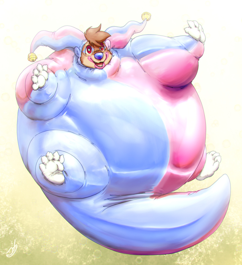 2019 5_fingers 5_toes absurd_res anthro blue_nose brown_fur claws clothing costume digital_drawing_(artwork) digital_media_(artwork) fingers fur glistening hi_res inflation jester lutrine makeup male mammal mao_otter mustelid open_mouth simple_background smile solo star star_eyes stormdragonblue toe_claws toes