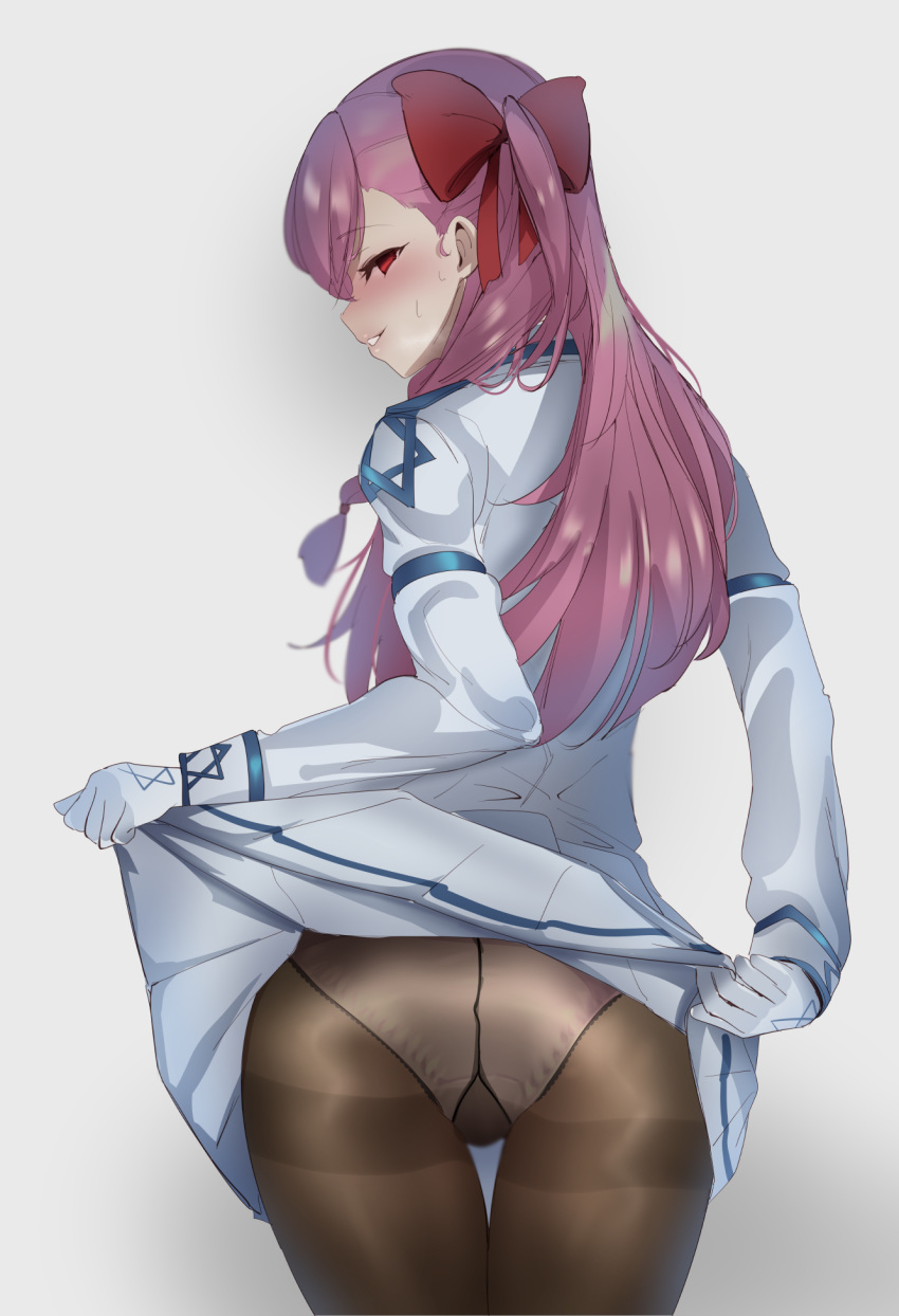 1girl ass blush from_behind girls_frontline gloves grey_background hair_ribbon highres lifted_by_self long_hair naughty_face negev_(girls_frontline) panties panties_under_pantyhose pantyhose pink_hair red_eyes red_ribbon ribbon sabashi self_exposure skirt skirt_lift smile smirk solo sweat thighband_pantyhose thighs underwear white_gloves white_panties white_skirt