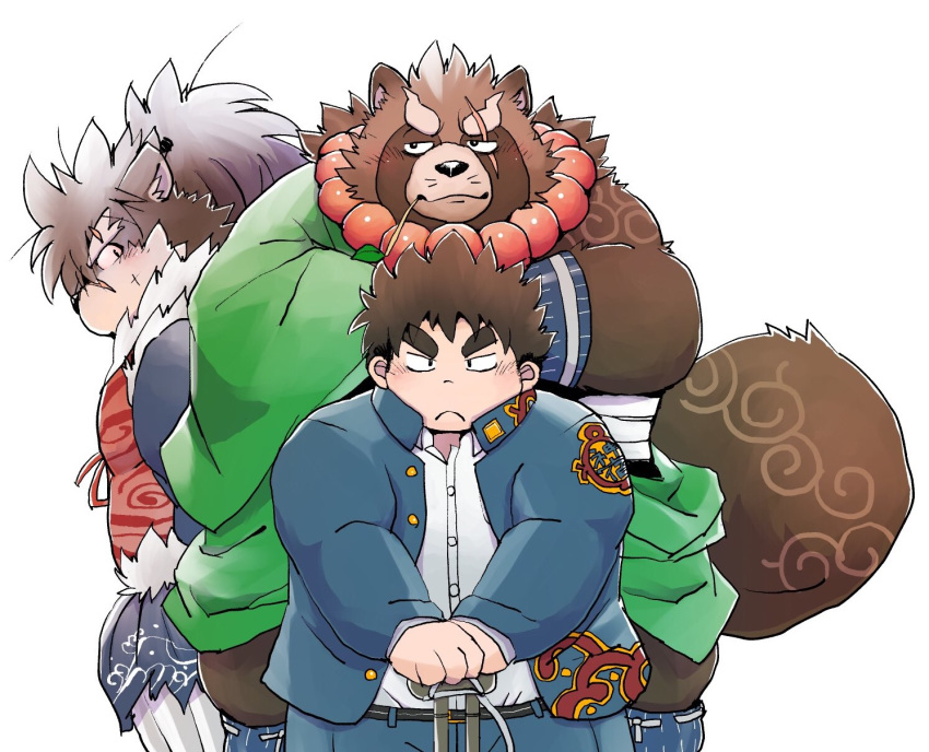 2019 anthro blush bottomwear brown_fur canid canine canis chubby_protagonist_(tas) clothing domestic_dog fur group gyobu hi_res human humanoid_hands leaf male mammal overweight overweight_male pants protagonist_(tas) raccoon_dog robe scar shino_(housamo) shirt simple_background tanuki tattoo tokyo_afterschool_summoners topwear video_games white_background yaoyasohachi