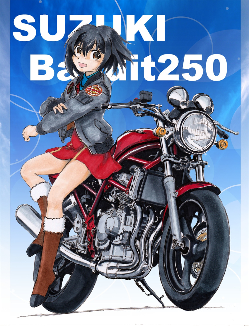 1girl black_hair boots brown_eyes ground_vehicle highres kirie_(kouya_no_kotobuki_hikoutai) kouya_no_kotobuki_hikoutai marker_(medium) motor_vehicle motorcycle nib_pen_(medium) nishimiya_makoto short_hair suzuki thigh_boots thighhighs traditional_media