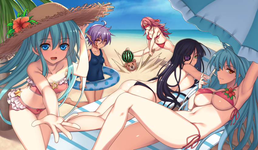 asa_(xametaler) bikini eyepatch pointy_ears sennen_sensou_aigis swimsuits