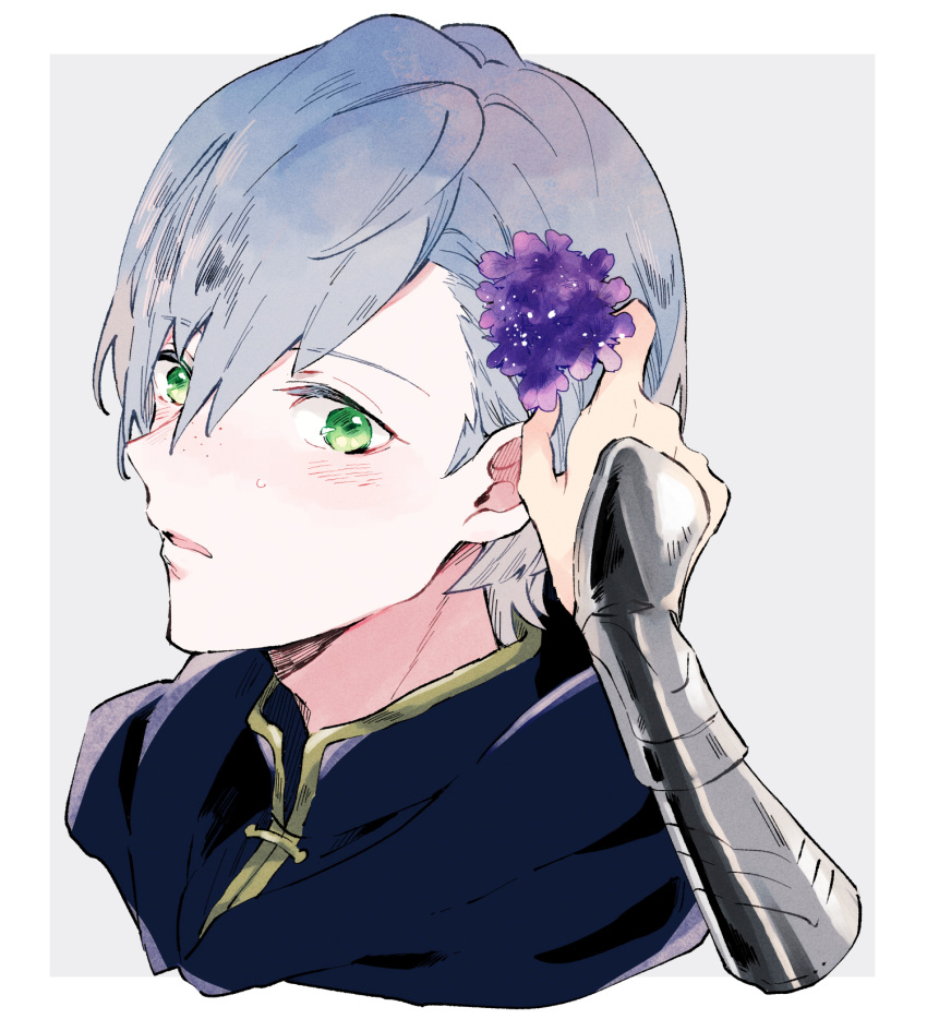 1boy ashe_duran blush fire_emblem fire_emblem:_three_houses flower freckles green_eyes grey_hair hair_flower hair_ornament highres john_(gallon) open_mouth portrait solo sparkle white_background