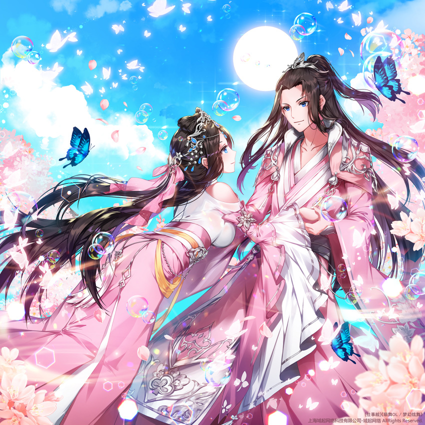 1boy 1girl apple_caramel black_hair blue_butterfly blue_eyes blue_sky bow breasts bubble cherry_blossoms cloud day glint hair_ornament hetero highres holding_hands leaning_forward long_hair long_sleeves medium_breasts official_art pink_bow pink_butterfly ponytail sidelocks sky smile standing sun tanabata very_long_hair watermark white_butterfly wide_sleeves