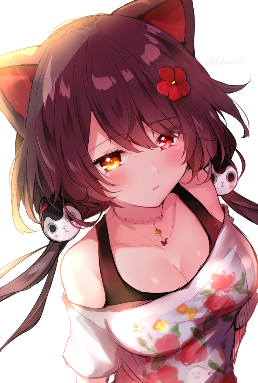 1girl absurdres animal_ears backlighting bangs bell blush breasts brown_eyes brown_hair cleavage collarbone dog_ears dog_hair_ornament eyebrows_visible_through_hair flower fukunoki_tokuwa hair_between_eyes hair_flower hair_ornament heterochromia highres inui_toko jingle_bell long_hair looking_at_viewer low_twintails medium_breasts nijisanji off-shoulder_shirt off_shoulder parted_lips red_eyes red_flower shirt short_sleeves simple_background solo twintails twitter_username upper_body virtual_youtuber white_background white_shirt