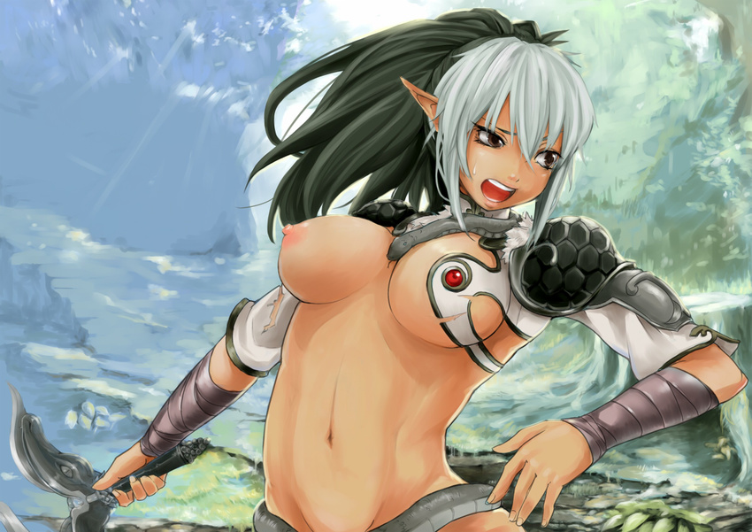 bad_id bad_pixiv_id breasts echidna elf grey_hair large_breasts long_hair mokko_(kamiko!) multicolored_hair nipples open_mouth pointy_ears ponytail queen's_blade snake solo torn_clothes two-tone_hair weapon