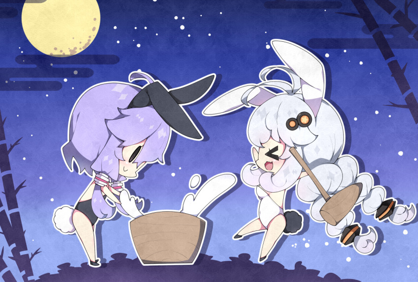 &gt;_&lt; 2girls :d ahoge animal_ears antenna_hair arms_up bamboo bangs black_footwear black_leotard blush braid breasts bunny_ears bunny_girl bunny_tail bunnysuit chibi closed_mouth commentary_request covered_navel egasumi eyebrows_visible_through_hair fang full_moon hair_between_eyes hair_ornament holding kine kizuna_akari leotard low_twintails mallet medium_breasts milkpanda mochi mochitsuki moon mortar multiple_girls night night_sky open_mouth profile purple_hair silver_hair sky smile solid_oval_eyes star_(sky) starry_sky tail twin_braids twintails voiceroid white_leotard xd yuzuki_yukari
