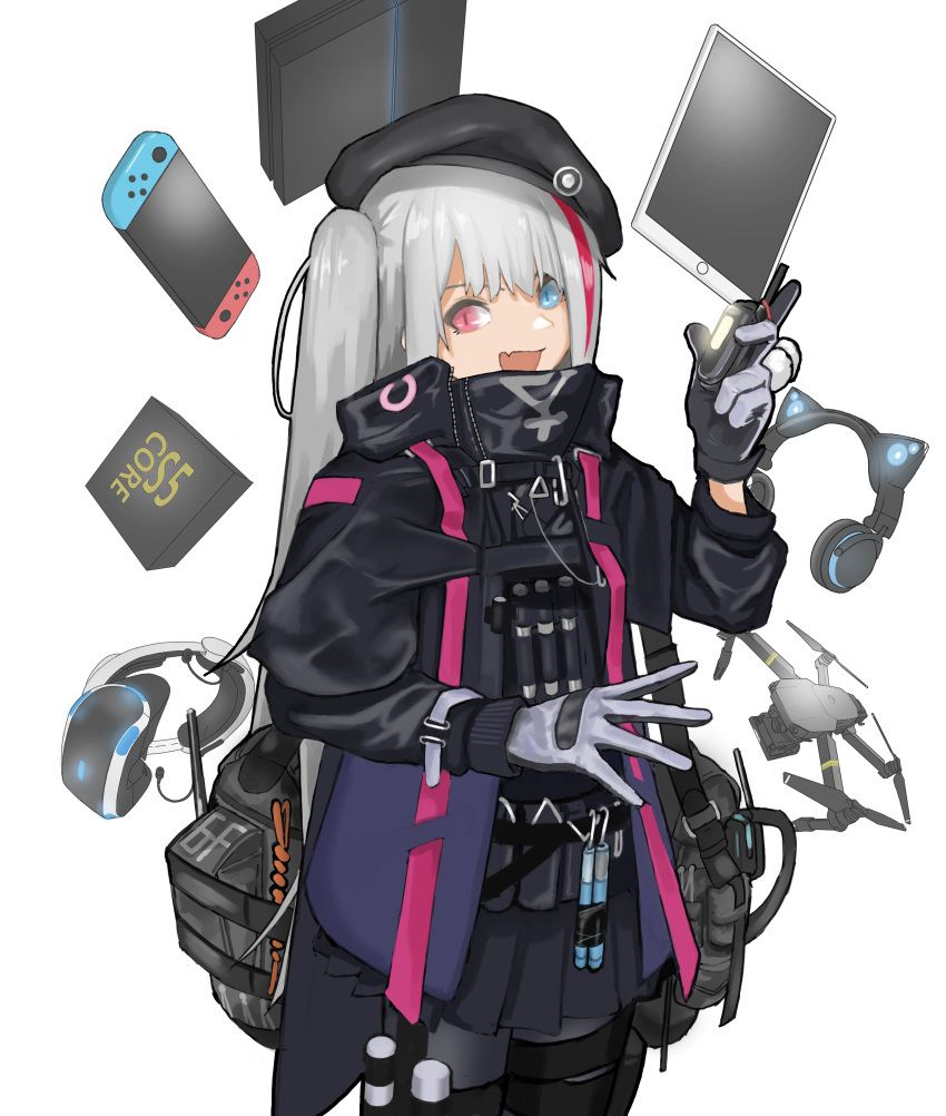 1girl absurdres black_gloves black_headwear blue_eyes cellphone fang flasso flip_phone game_console girls_frontline gloves grey_gloves hat headphones heterochromia highres holding holding_phone ipad mdr_(girls_frontline) multicolored multicolored_clothes multicolored_gloves multicolored_hair nintendo_switch open_mouth phone pink_eyes pink_hair playstation_4 playstation_vr side_ponytail simple_background slit_pupils solo standing tablet_pc white_background white_hair