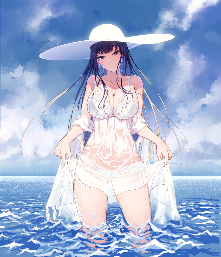 1girl absurdres ane_naru_mono bangs black_bikini_top black_hair blue_sky breasts chiyo_(ane_naru_mono) cleavage cloud collarbone deoxysilicic_acid dress dress_lift eyebrows_visible_through_hair hat highres lifted_by_self long_hair looking_at_viewer mole mole_under_eye navel outdoors purple_eyes see-through sky smile solo sun_hat wading wet wet_clothes wet_dress white_bikini_bottom