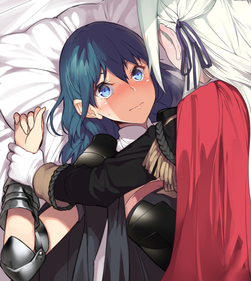 2girls armor bangs blue_eyes blue_hair blush breasts byleth_(fire_emblem) byleth_(fire_emblem)_(female) cape closed_mouth commentary_request edelgard_von_hresvelg fire_emblem fire_emblem:_three_houses garreg_mach_monastery_uniform gloves hair_between_eyes hair_ribbon highres lips long_hair long_sleeves lying multiple_girls on_back pillow purple_ribbon red_cape ribbon sweatdrop uniform upper_body white_pillow wrist_grab yappen yuri