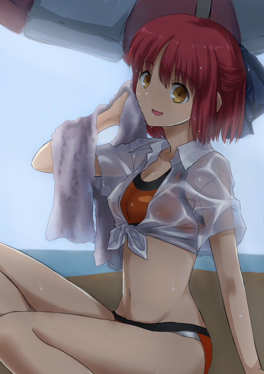 1girl alternate_costume arm_support arm_up beach bikini bloom blue_ribbon blue_sky blurry chiizu_ore cowboy_shot day depth_of_field drying hair_ribbon highres holding holding_towel knees_up kohaku looking_at_viewer medium_hair nave ocean open_mouth red_hair ribbon sand see-through shirt sky solo swimsuit tied_shirt towel tsukihime wet wet_clothes wet_shirt white_shirt yellow_eyes