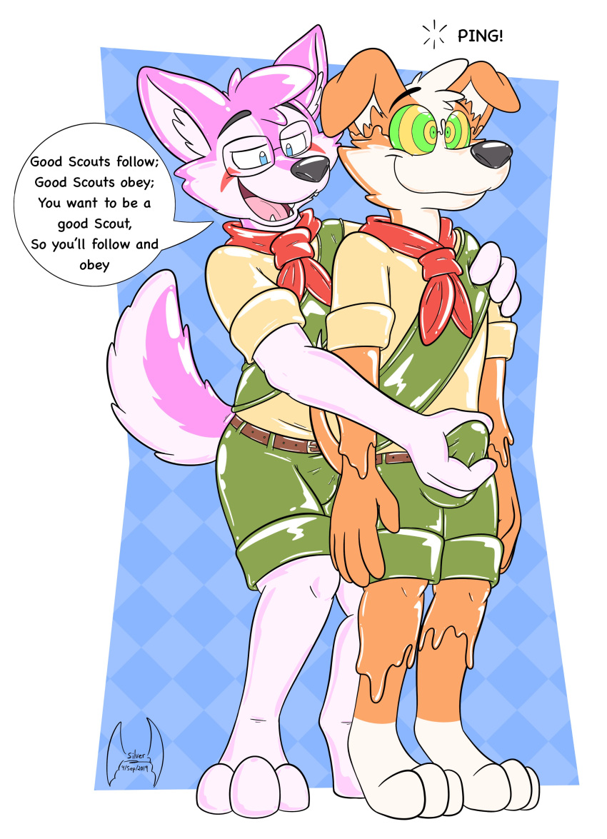 2019 3_toes absurd_res anthro belt benji_(jetstreampat) black_nose bottomwear boy_scout brainwashing bulge canid canine canis clothed clothing costume digital_drawing_(artwork) digital_media_(artwork) domestic_dog duo english_text fur goo_transformation hi_res husky hybrid hypnosis kiba_kurokage male male/male mammal markings mind_control multicolored_fur neckerchief nordic_sled_dog open_mouth rubber sash sharp_teeth shorts simple_background smile soul-silver-dragon sound_effects speech_bubble spiral spiral_eyes spitz tan_fur teeth text toes transformation two_tone_fur uniform white_fur wolf