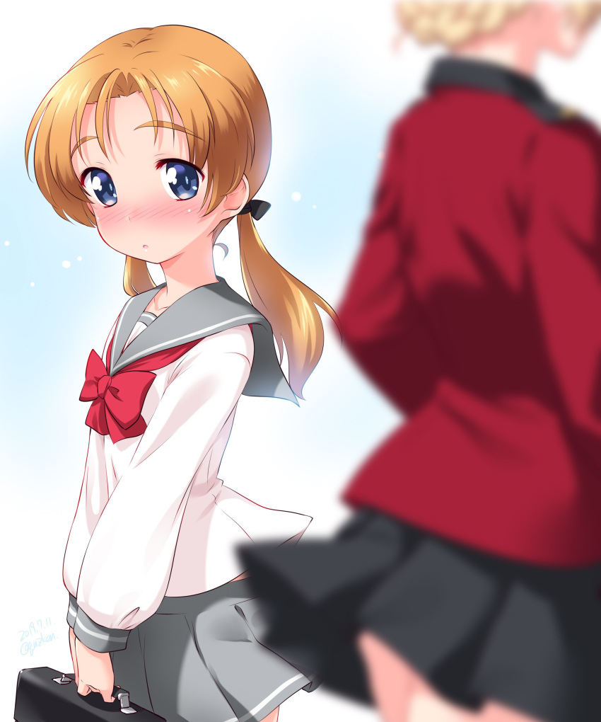 1girl 2girls absurdres alternate_hairstyle bangs black_bow black_skirt blonde_hair blouse blue_eyes blurry blurry_foreground blush bow bowtie braid commentary_request darjeeling dated depth_of_field epaulettes eyebrows_visible_through_hair girls_und_panzer grey_skirt hair_bow hair_down highres holding_briefcase jacket kuzuryuu_kennosuke long_hair long_sleeves looking_at_another military military_uniform miniskirt multiple_girls orange_hair orange_pekoe parted_bangs parted_lips partial_commentary petals pleated_skirt print_skirt red_bow red_jacket red_neckwear school_briefcase school_uniform serafuku short_hair single_horizontal_stripe skirt st._gloriana's_military_uniform standing tied_hair twintails twitter_username uniform white_blouse younger
