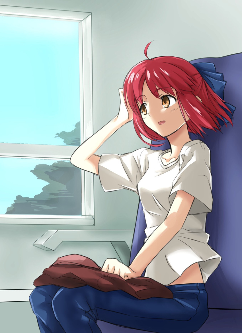 1girl ahoge arm_up armrest blue_ribbon blue_sky chair chiizu_ore collarbone denim ground_vehicle hair_ribbon hand_in_hair highres jacket jacket_removed jeans kohaku looking_out_window open_mouth open_window pants red_hair ribbon shirt sitting sky solo t-shirt train train_interior tree tsukihime white_shirt window yellow_eyes