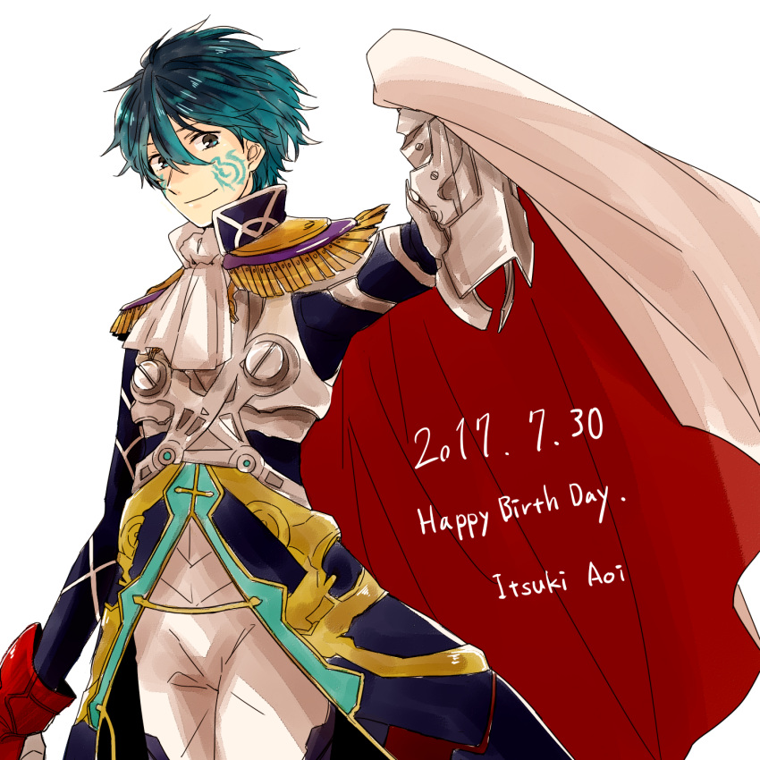 1boy aoi_itsuki armor blue_eyes blue_hair cape character_name epaulettes facial_mark gen'ei_ibunroku_sharp_fe gloves happy_birthday highres saichi_(meme+) solo upper_body white_background