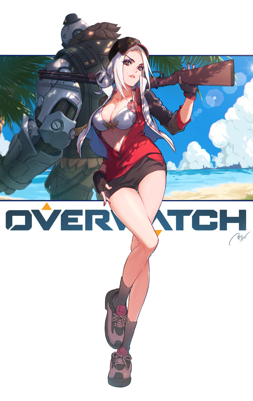 1boy 1girl alternate_hairstyle ashe_(overwatch) back-to-back beach bikini_top black_gloves black_legwear black_shorts blue_sky bob_(overwatch) bowler_hat breasts butler cleavage cloud collarbone contrapposto copyright_name cowboy_hat cross-laced_footwear day eito_nishikawa eyes_visible_through_hair eyeshadow eyewear_removed fingerless_gloves fingernails friendly_mutton_chops full_body gloves gun hat highres holding holding_gun holding_weapon jacket lens_flare letterboxed lever_action lipstick long_sleeves looking_at_viewer looking_back makeup medium_breasts medium_hair mole_above_mouth nail_polish ocean omnic outdoors overwatch palm_tree parted_lips peaked_cap pink_lipstick purple_eyeshadow red_eyes red_jacket red_nails rifle robot sand shade shoelaces shoes shore short_shorts shorts signature simple_background sky socks solo_focus standing standing_on_one_leg sunglasses thigh_gap tree unzipped vest weapon white_background white_bikini_top white_hair