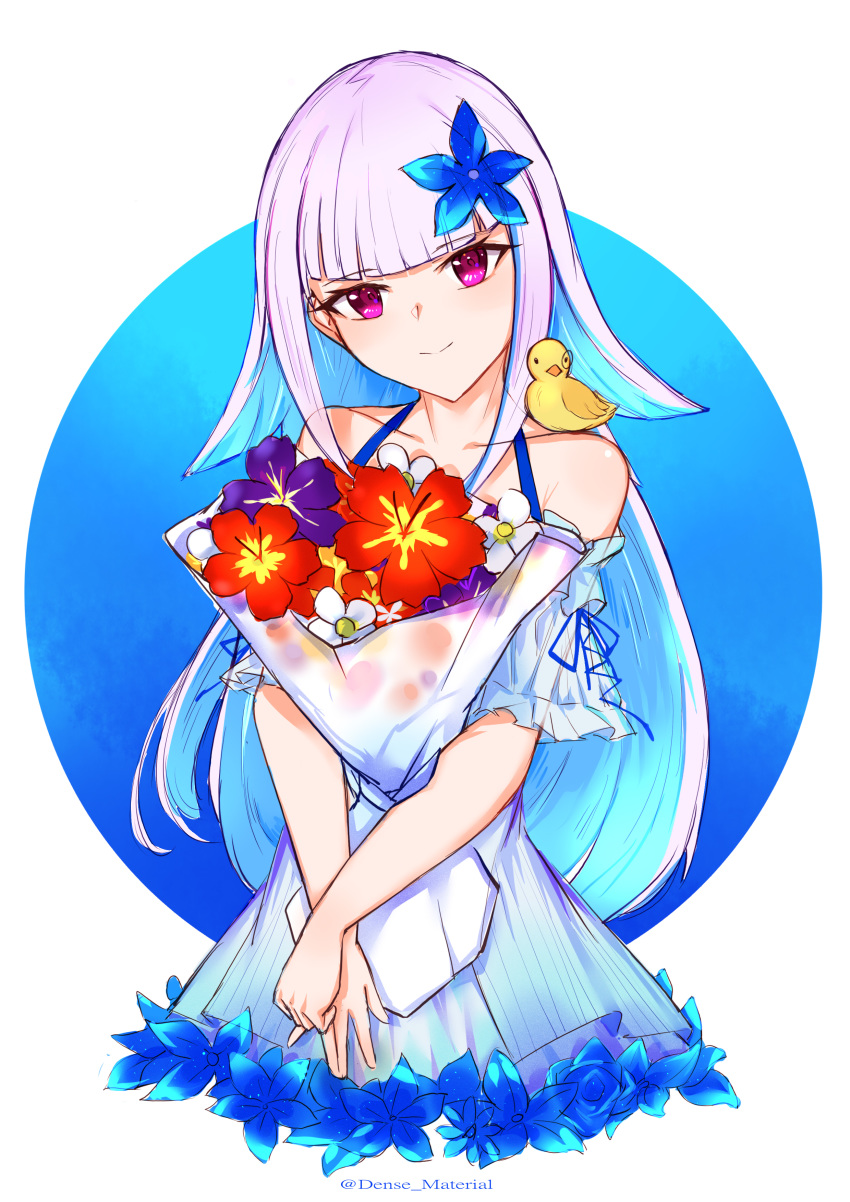 1girl absurdres animal animal_on_shoulder bangs bare_shoulders bird blue_background blue_dress blue_flower blue_hair blunt_bangs bouquet choumi_wuti_(xueye_fanmang_zhong) closed_mouth collarbone commentary_request dress eyebrows_visible_through_hair flower hair_flower hair_ornament highres lize_helesta long_hair looking_at_viewer multicolored_hair nijisanji off-shoulder_dress off_shoulder purple_eyes purple_flower purple_hair red_flower sebastian_piyodore smile twitter_username two-tone_background two-tone_hair very_long_hair virtual_youtuber white_background white_flower