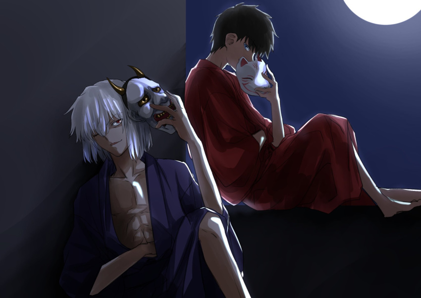 2boys abs against_wall black_hair blue_eyes chiizu_ore fox_mask hannya highres holding holding_mask japanese_clothes kimono knee_up knees knees_up leaning looking_at_viewer mask medium_hair moon moonlight multiple_boys nanaya_shiki night on_railing one_eye_closed outdoors pectorals red_eyes sitting toono_shiki_(2) tsukihime white_hair yukata