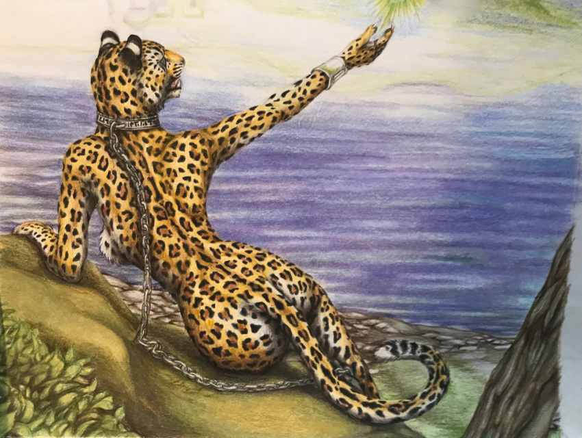 anthro chain collar felid female fingers leopard mammal pantherine sitting solo teiirka traditional_media_(artwork)