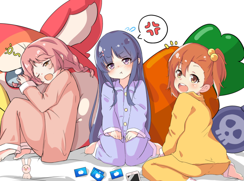 3girls :d :t akane_mimi anger_vein aono_(f_i_s) bangs barefoot bed_sheet blush braid brown_eyes brown_hair carrot_pillow cellphone closed_mouth collared_shirt commentary_request dress_shirt eyebrows_visible_through_hair flying_sweatdrops hair_between_eyes hair_bobbles hair_down hair_ornament hairclip head_tilt highres hikawa_kyoka hodaka_misogi long_sleeves multiple_girls nose_blush one_eye_closed one_side_up open_mouth pants parted_bangs phone pink_hair pink_pants pink_shirt pout princess_connect! princess_connect!_re:dive purple_eyes purple_hair purple_pants purple_shirt round_teeth shirt simple_background skull_print sleeves_past_wrists smile soles spoken_anger_vein teeth twin_braids upper_teeth white_background yellow_pants yellow_shirt