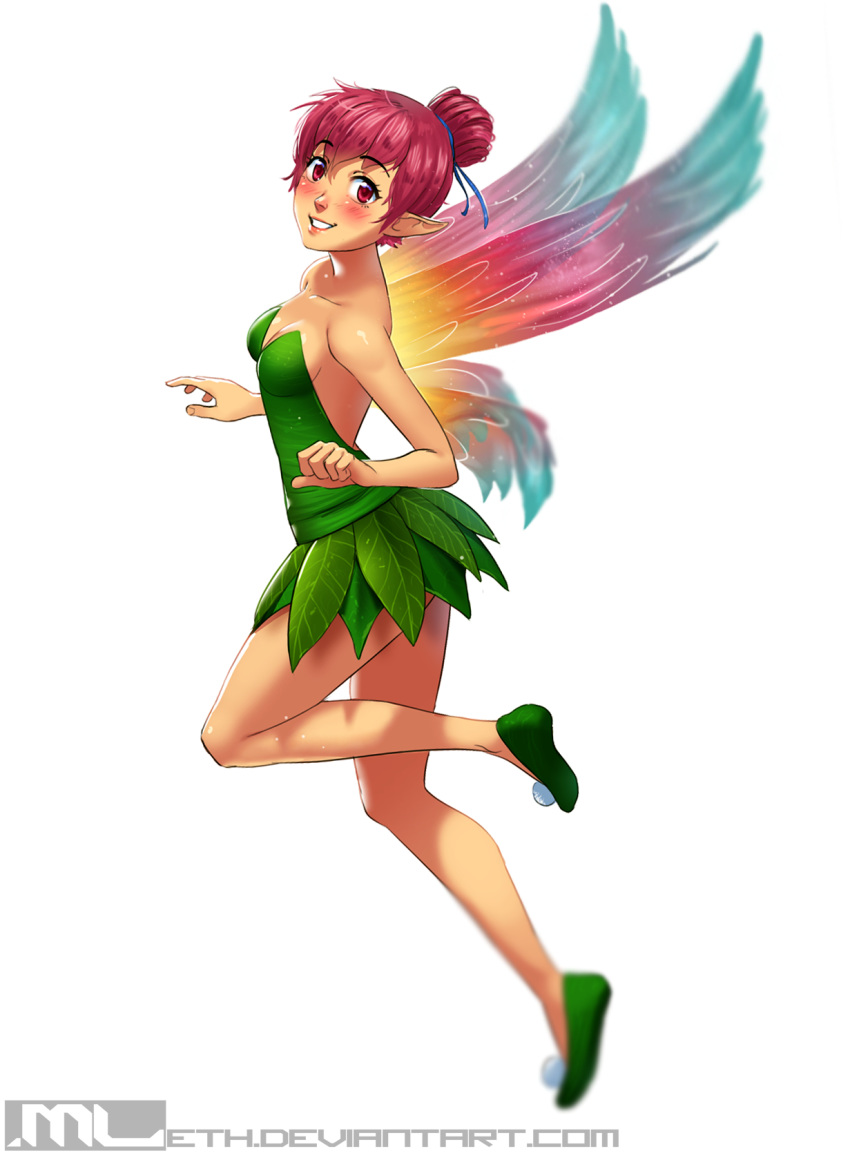 2016 blush breasts cosplay disney erylia fairy female hair hi_res humanoid humanoid_pointy_ears leaf looking_at_viewer mleth pink_eyes pink_hair short_hair simple_background smile solo tinkerbell white_background winged_humanoid wings