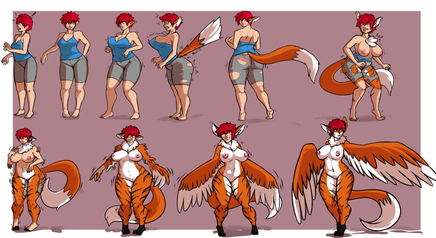 ! 2016 absurd_res anthro avian barefoot big_breasts bottomwear breast_expansion breasts canid canine chest_tuft clenched_teeth clothing feathers felid female fox green_eyes hair harpy hi_res human human_to_anthro hybrid kyla_thompson mammal nipples nude open_mouth pantherine pussy red_hair sequence shirt short_hair shorts slipe solo species_transformation standing stripes surprise tail_growth tank_top teeth thick_thighs tiger topwear torn_clothing transformation tuft voluptuous wide_hips wings