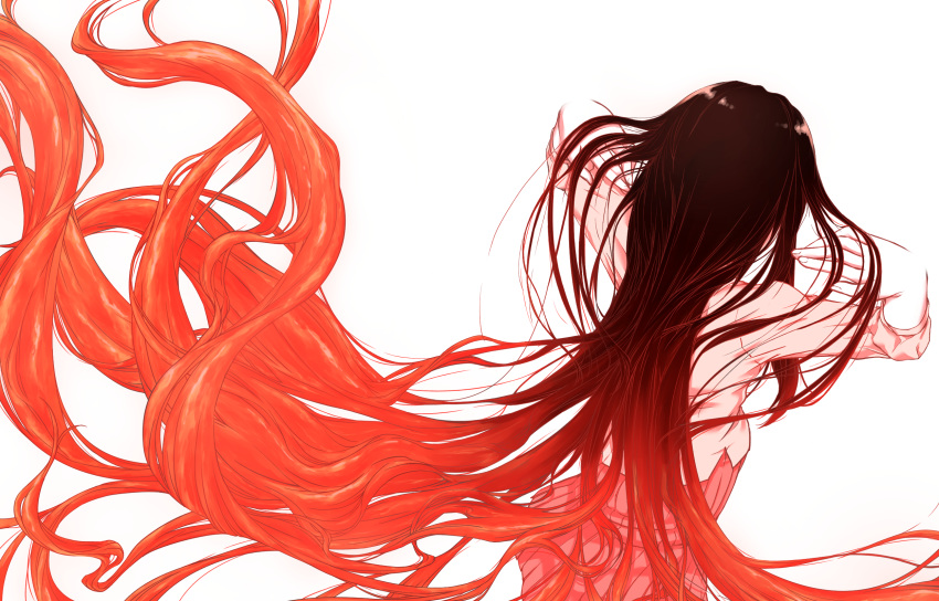 1girl absurdly_long_hair adjusting_hair black_hair commentary_request dress_shirt foreshortening from_above from_behind gradient_hair hair_flip hands_in_hair hands_up highres long_hair long_skirt madotukitoponiko messy_hair multicolored_hair red_hair red_skirt shirt simple_background skirt solo toono_akiha tsukihime untucked_shirt vermillion_akiha very_long_hair white_background white_shirt