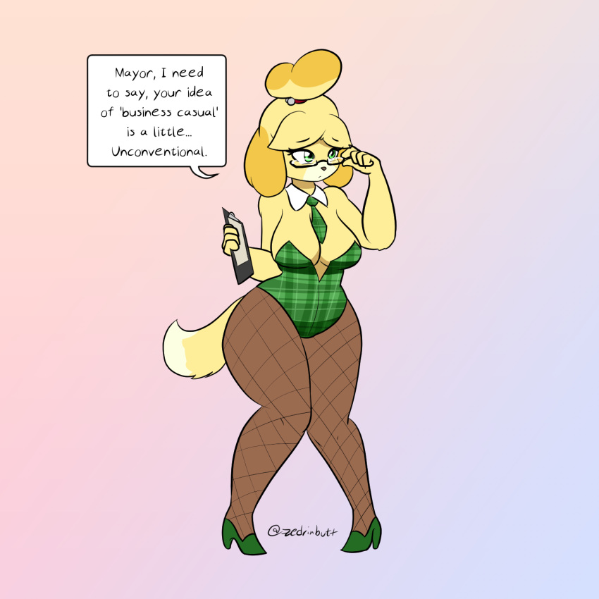 1:1 2018 animal_crossing anthro big_breasts breasts canid canine canis clothing dialogue domestic_dog eyewear female fishnet fishnet_legwear footwear glasses green_eyes hi_res high_heels isabelle_(animal_crossing) legwear leotard mammal necktie nintendo pigeon_toed shih_tzu shoes simple_background solo thick_thighs toy_dog video_games wide_hips zedrin