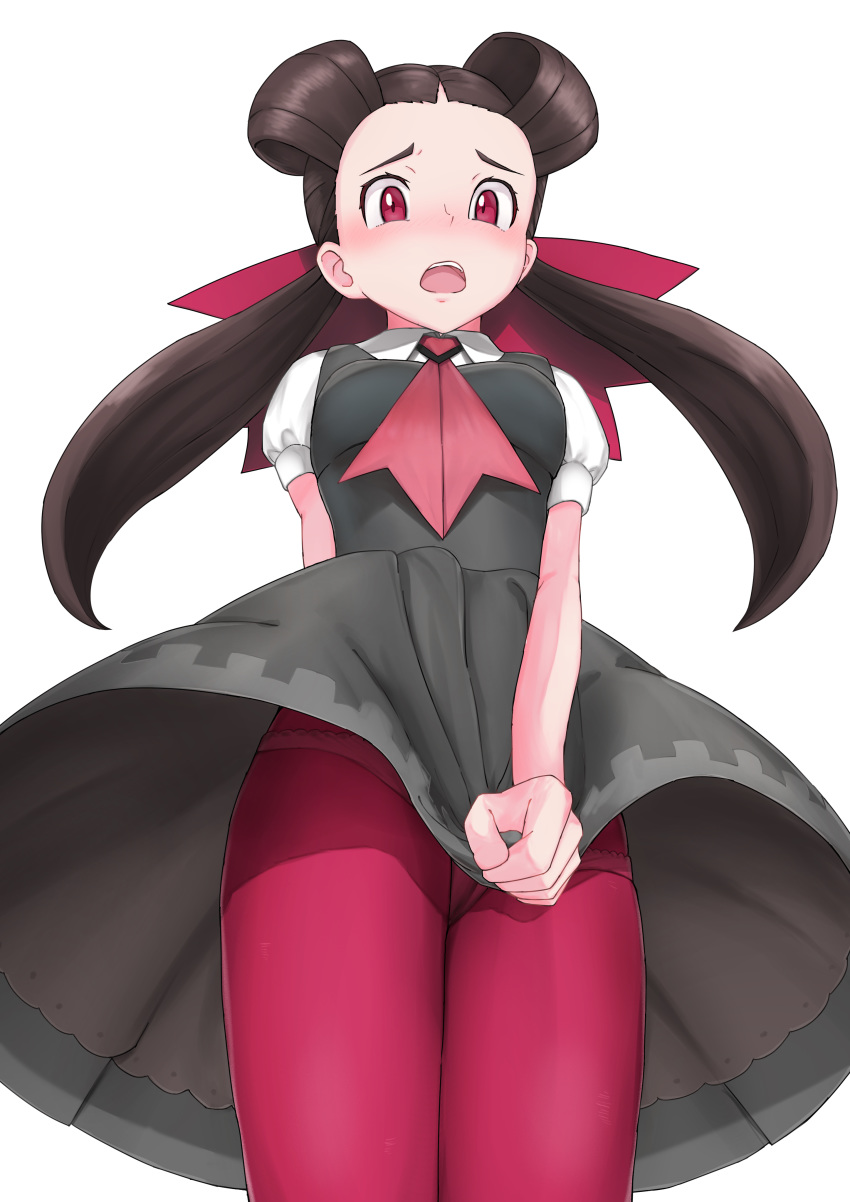 1girl absurdres blush brown_hair grey_skirt gym_leader hair_pulled_back highres long_hair looking_at_viewer open_mouth panties panties_under_pantyhose pantyhose pink_eyes pink_legwear pink_neckwear pink_panties pokemon pokemon_(game) short_sleeves simple_background skirt skirt_hold solo standing tsutsuji_(pokemon) twintails underwear user_zzma7724 white_background