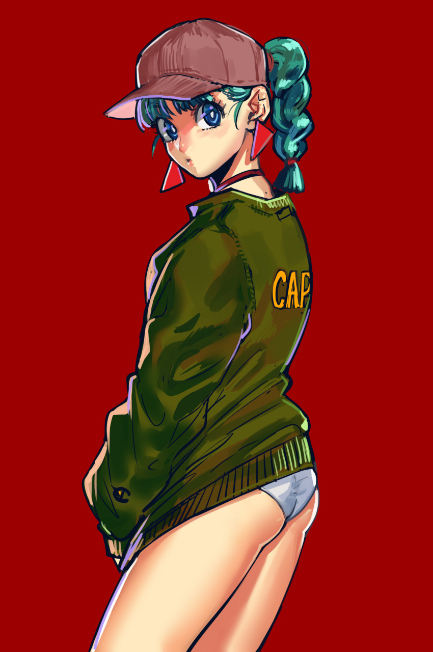 1girl alternate_hairstyle ass baseball_cap blue_eyes braid bulma choker dragon_ball dragon_ball_(classic) flat_ass green_hair green_jacket hat highres jacket jacket_tug looking_at_viewer mole mole_on_neck no_pants okada_(hoooojicha) panties ponytail red_background red_choker red_earrings single_braid solo standing teenage triangle_earrings underwear white_panties