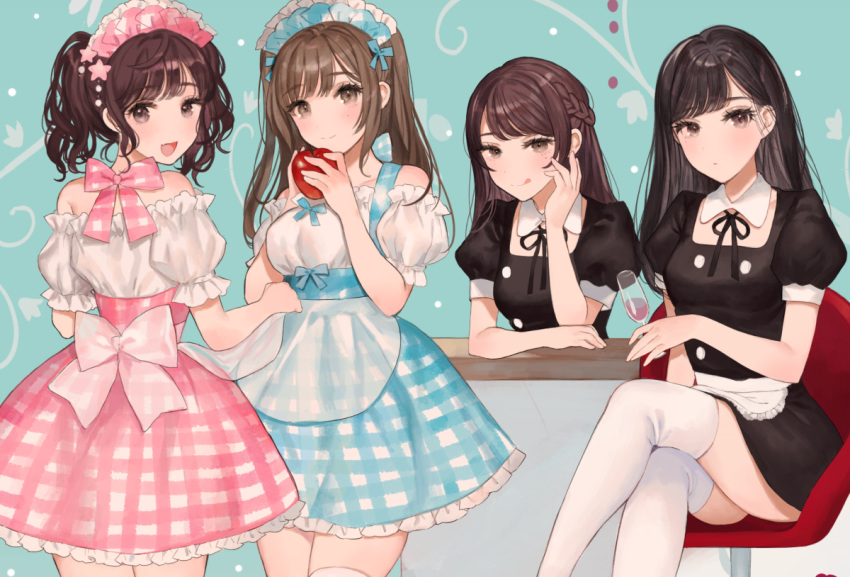 4girls :d :q bare_shoulders black_dress black_hair black_ribbon blue_skirt blush bow breasts brown_eyes brown_hair chair closed_mouth collar commentary_request crossed_legs detached_collar dress fang frilled_skirt frills long_hair maid maid_headdress medium_breasts miyako_(xxxbibit) multiple_girls neck_ribbon off-shoulder_shirt off_shoulder on_chair open_mouth original pink_skirt plaid plaid_skirt puffy_short_sleeves puffy_sleeves ribbon shirt short_sleeves sitting skirt smile thighhighs tongue tongue_out twintails white_bow white_collar white_legwear white_shirt