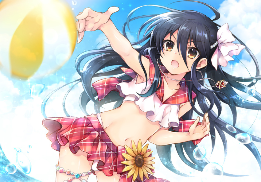 1girl ahoge alastor_(shakugan_no_shana) ball beachball bikini bikini_skirt black_hair blue_sky blurry brown_eyes cloud commentary_request contrapposto cowboy_shot day depth_of_field dutch_angle flower horizon jewelry long_hair necklace open_mouth outdoors pendant plaid_sailor_collar pleated_skirt red_sailor_collar red_skirt sailor_collar shakugan_no_shana shana skirt sky solo standing sunflower swimsuit tachitsu_teto water white_bikini