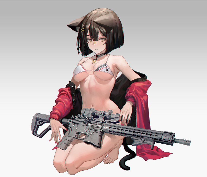 1girl animal_ears ar-15 bangs bare_shoulders barefoot bell bell_choker bikini black_hair blush bob_cut breasts cat_ears cat_girl cat_tail choker clenched_teeth collarbone gun hair_between_eyes hair_ornament hairclip halter_top halterneck holding holding_gun holding_weapon ihobus jacket jingle_bell kneeling long_sleeves looking_at_viewer medium_breasts navel off_shoulder open_clothes open_jacket original parted_lips paw_print red_jacket red_nails rifle scope simple_background solo stomach swimsuit tail teeth weapon white_bikini yellow_eyes