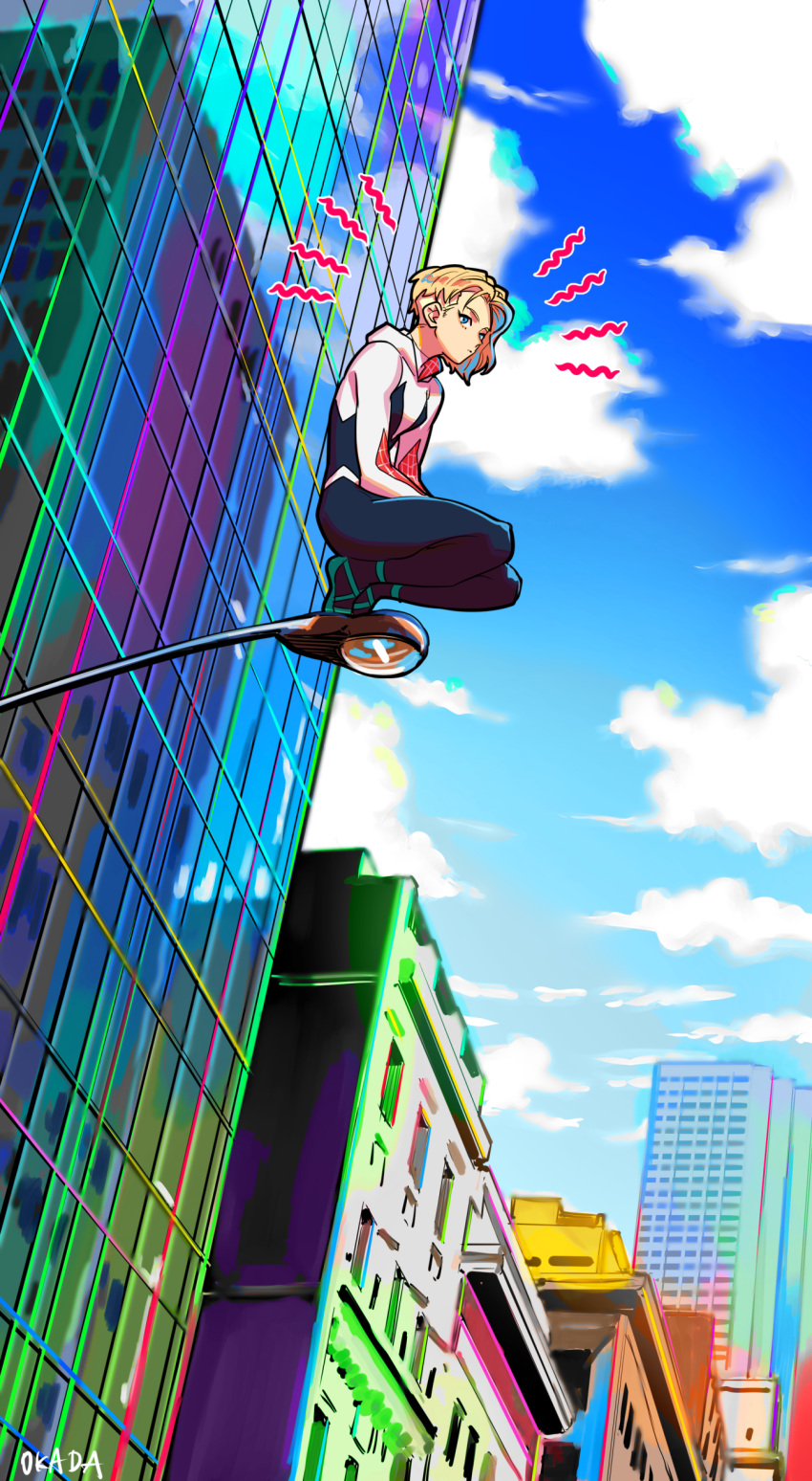1girl absurdres asymmetrical_hair ballet_slippers blonde_hair blue_eyes blue_sky bodysuit building city commentary_request day gwen_stacy highres hood hood_down lamppost looking_at_viewer marvel no_mask okada_(hoooojicha) parted_lips scenery sidecut sky skyscraper solo spider-gwen spider-man:_into_the_spider-verse spider-man_(series) spider_web_print squatting superhero