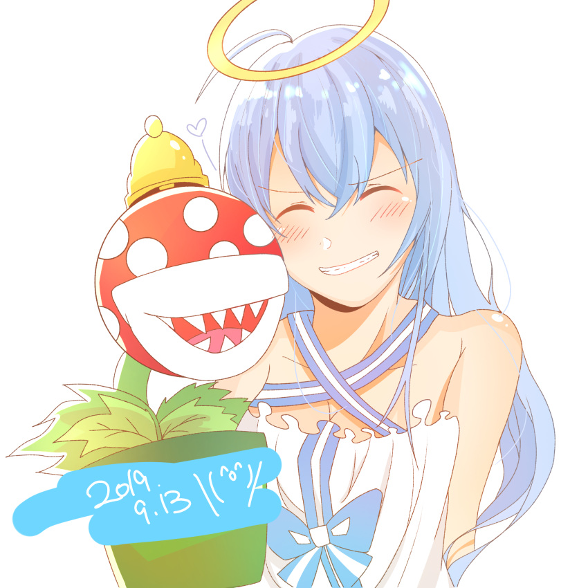 1girl ahoge bell bellringer_angel blue_hair blush closed_eyes dated dress drizzleri error facing_viewer flower_pot hair_between_eyes halo halterneck heart highres long_hair mario_(series) open_mouth piranha_plant plant shadowverse sharp_teeth simple_background sketch smile super_mario_bros. teeth venus_flytrap white_background white_dress