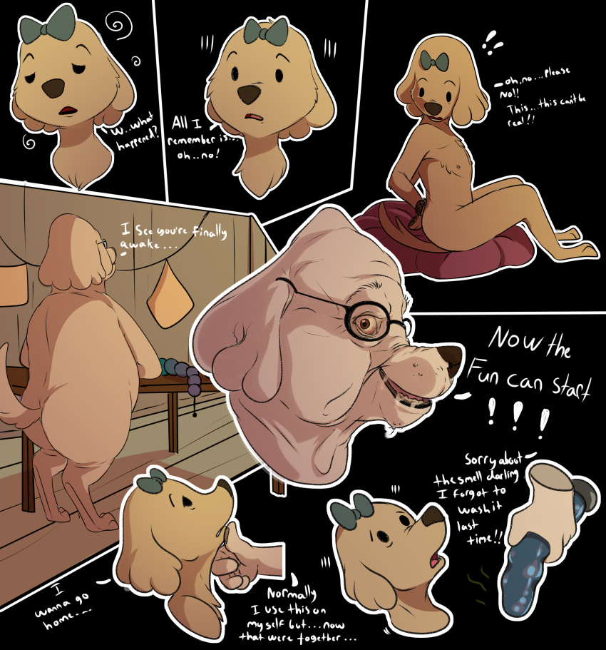 2019 absurd_res age_difference anal_beads anne_kennel anthro bound butt canid canine canis close-up comic dialogue digital_media_(artwork) dildo domestic_dog duo english_text eyewear female flat_chested glasses hands_behind_back hi_res imminent_rape larger_male male male/female mammal nightmare_fuel nipples nude older_male overweight overweight_male pups_of_liberty sex_toy size_difference smaller_female text torinsangel younger_female