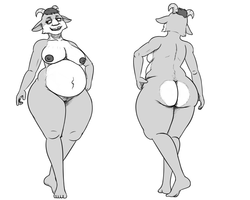 5:4 baggy_eyes belly big_belly bovid breasts butt caprine female ferdinand_(film) goat hi_res horn lipstick lupe_(ferdinand) makeup mammal monochrome multiple_angles nipples overweight overweight_female oystercatcher7 pubes pussy solo thick_thighs underbite wrinkles