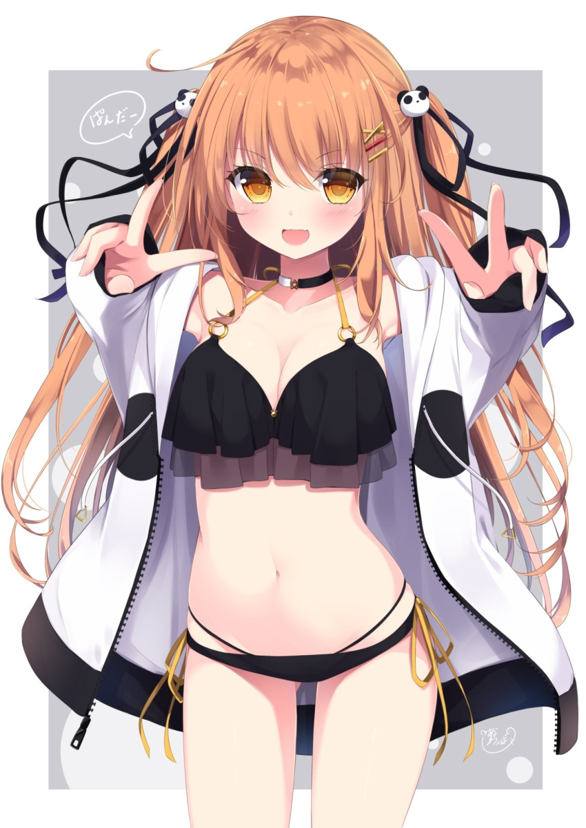 1girl :d ahoge armpits ass_visible_through_thighs bare_shoulders bikini black_bikini blush breasts choker cleavage collarbone commentary_request cowboy_shot double_v drawstring fang hair_ornament hair_ribbon hairclip halter_top halterneck highres jacket long_hair long_sleeves looking_at_viewer medium_breasts navel open_clothes open_jacket open_mouth orange_eyes orange_hair original panda_hair_ornament ribbon sasahara_wakaba side-tie_bikini smile solo speech_bubble standing swimsuit two_side_up v very_long_hair white_jacket x_hair_ornament