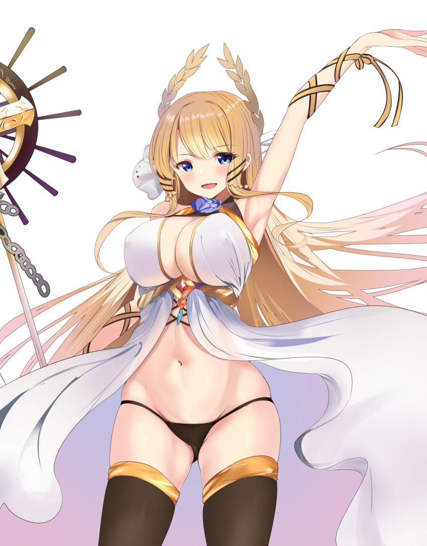 1girl :d arm_up armpits azur_lane bad_hands bare_shoulders black_legwear black_panties blonde_hair blue_eyes breasts center_opening chain cleavage covered_nipples cowboy_shot dress hair_ornament hairclip highres holding holding_staff large_breasts laurel_crown long_hair looking_at_viewer navel open_mouth panties revealing_clothes ribbon schreibe_shura sidelocks simple_background skindentation sleeveless sleeveless_dress smile solo staff standing stomach thighhighs underwear very_long_hair victorious_(azur_lane) white_background white_dress wrist_ribbon