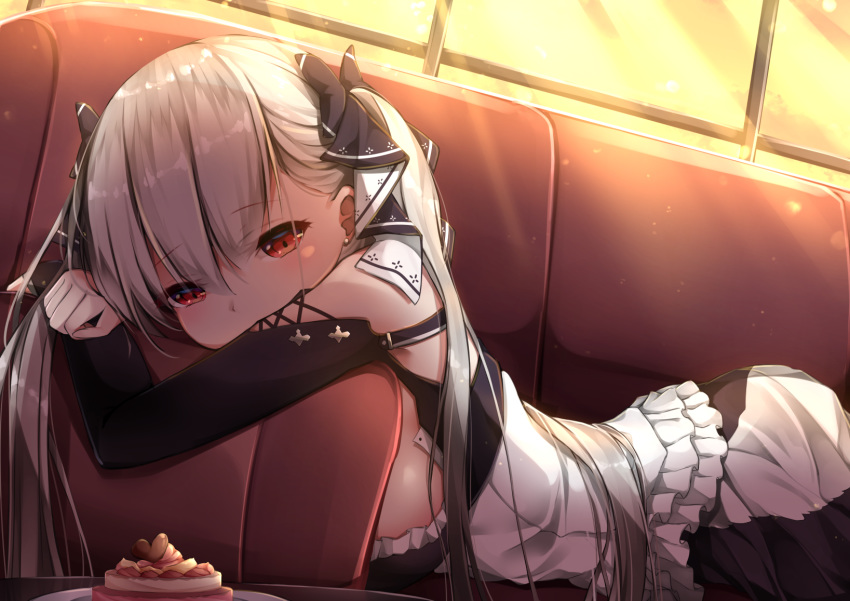 anthropomorphism azur_lane cake couch dress food formidable_(azur_lane) goth-loli gray_hair lolita_fashion long_hair red_eyes twintails umou_(may65879)