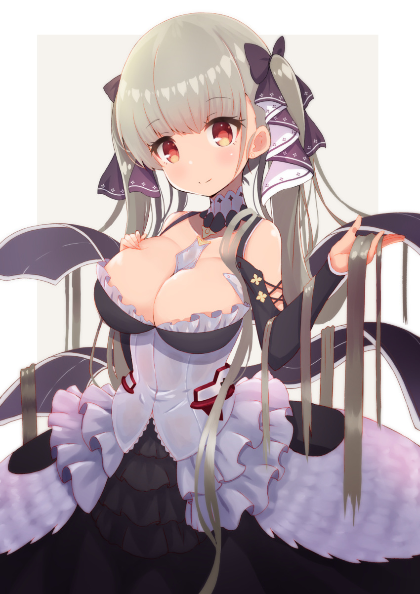 1girl azur_lane bangs between_breasts black_dress black_ribbon blush breasts brown_hair cleavage closed_mouth commentary_request dress eyebrows_visible_through_hair formidable_(azur_lane) hair_ribbon highres large_breasts long_hair looking_at_viewer red_eyes ribbon siragagaga smile solo twintails two-tone_dress two-tone_ribbon very_long_hair white_dress white_ribbon