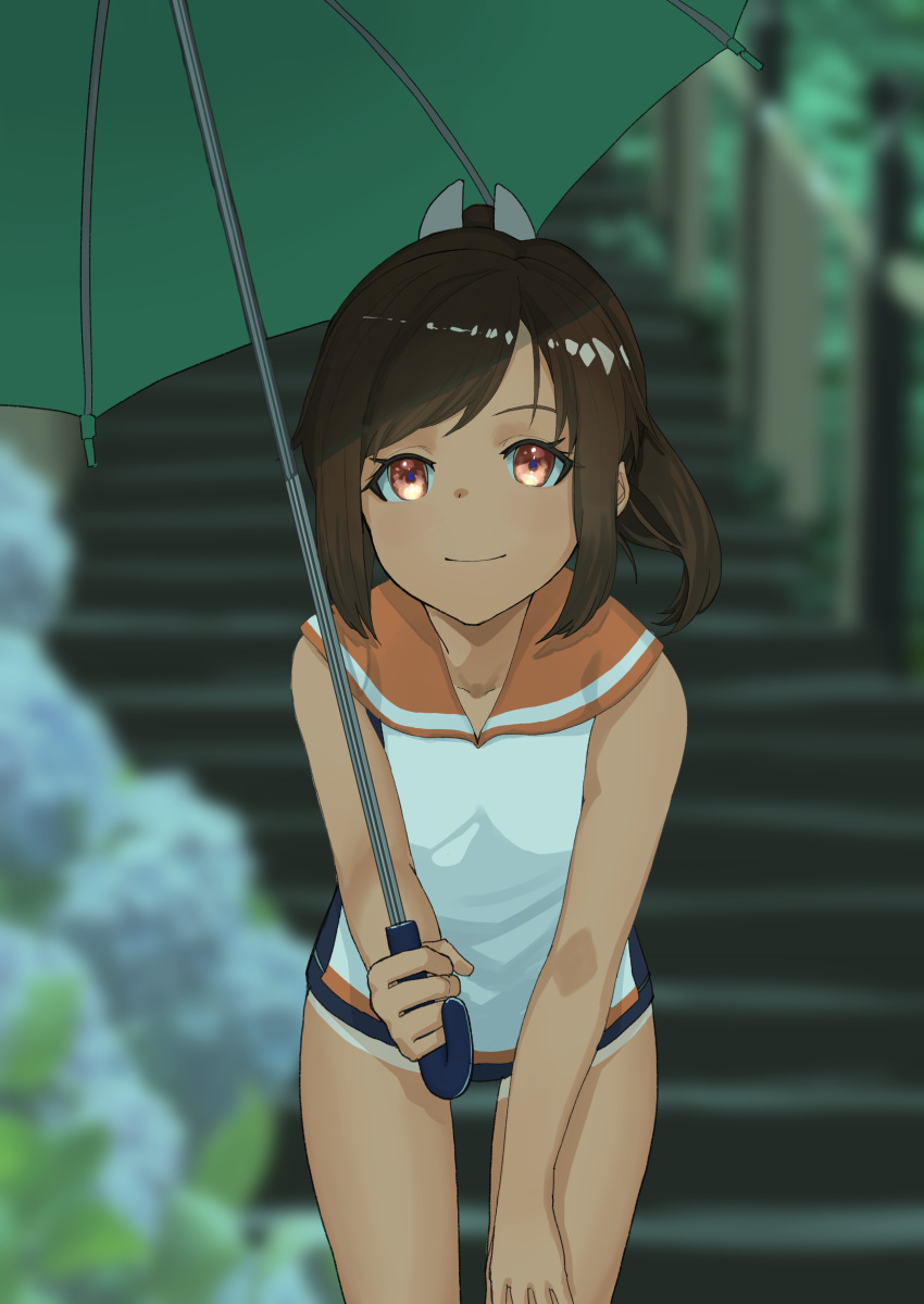 1girl absurdres blue_swimsuit blurry brown_eyes brown_hair cowboy_shot depth_of_field flower green_umbrella hair_ornament hairclip highres hina_komochi i-401_(kantai_collection) kantai_collection leaning_forward looking_at_viewer one-piece_swimsuit one-piece_tan orange_background orange_sailor_collar ponytail sailor_collar school_swimsuit shirt short_hair short_ponytail sleeveless sleeveless_shirt smile solo stairs swimsuit swimsuit_under_clothes tan tanline umbrella