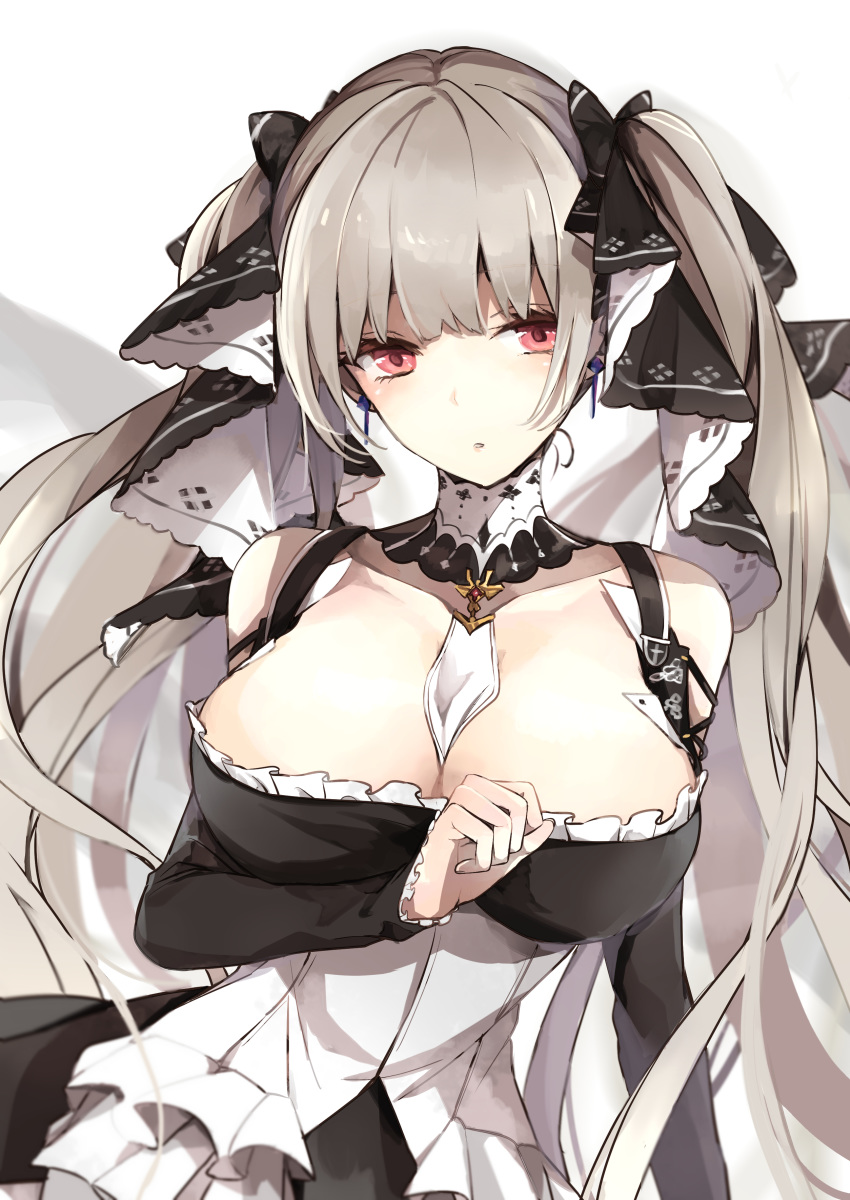 1girl absurdres azur_lane between_breasts black_dress blush breasts cleavage dress earrings formidable_(azur_lane) frilled_dress frills grey_hair hair_ribbon highres jewelry large_breasts long_hair platinum_blonde_hair red_eyes ribbon solo twintails two-tone_dress two-tone_ribbon two-tone_ribbons