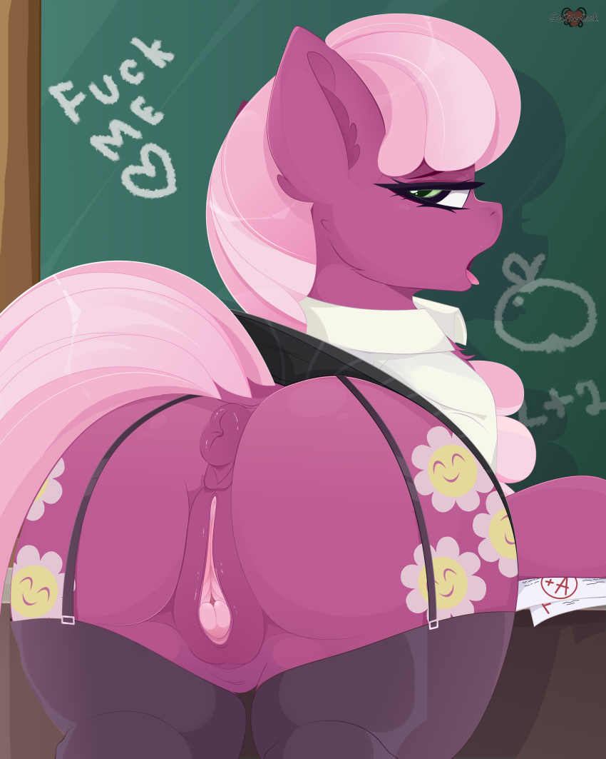 2019 absurd_res animal_genitalia animal_pussy anus bedroom_eyes butt chalkboard cheerilee_(mlp) clitoral_winking clitoris clothed clothing cutie_mark earth_pony english_text equid equine equine_pussy female feral friendship_is_magic hair half-closed_eyes hi_res horse inside legwear looking_at_viewer looking_back mammal my_little_pony pony presenting presenting_anus presenting_pussy pussy seductive solo stockings text tongue tongue_out xsatanielx