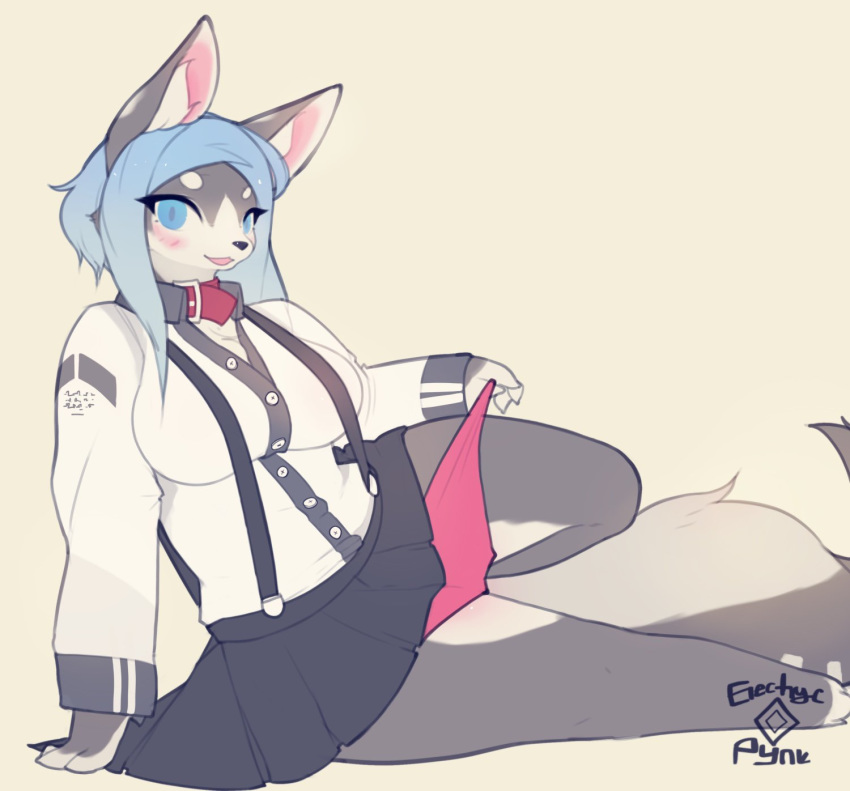 2019 anthro black_fur blue_eyes blue_hair blush bottomwear breasts canid canine canis clothed clothing collar countershading digital_media_(artwork) domestic_dog electrycpynk female fur hair hi_res husky inner_ear_fluff looking_at_viewer mammal miniskirt multicolored_fur nordic_sled_dog open_mouth panties reclining seductive signature simple_background skirt smile solo spitz suspenders two_tone_fur underwear undressing white_countershading