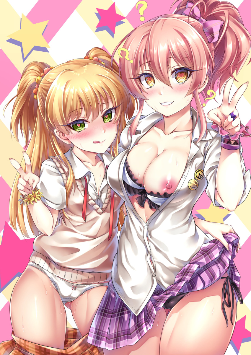 2girls ? absurdres blonde_hair blush bow breasts commentary hair_bow heart heart-shaped_pupils highres idolmaster idolmaster_cinderella_girls jacket jewelry jougasaki_mika jougasaki_rika licking_lips miyabi_urumi multiple_girls pink_hair pleated_skirt ring skirt skirt_lift smile smiley_face star symbol-shaped_pupils tongue tongue_out v