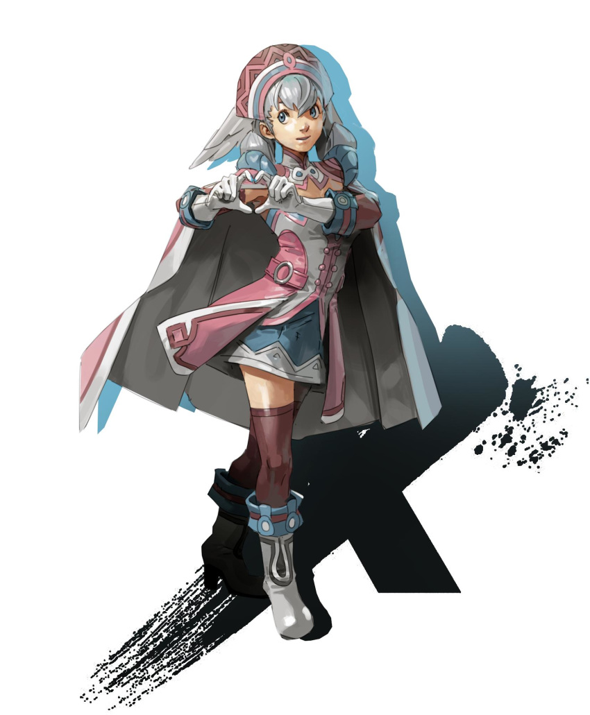 1girl blue_eyes blush breasts cape curly_hair elbow_gloves full_body gloves hat head_wings heart heart_hands highres long_hair looking_at_viewer medium_breasts melia nin_nakajima open_mouth silver_hair simple_background smile solo thighhighs white_hair xenoblade_(series) xenoblade_1