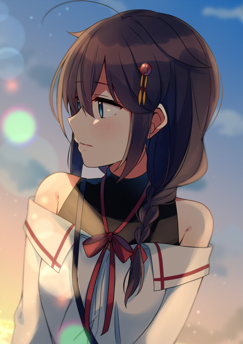 1girl adapted_costume ahoge alternate_costume bangs bare_shoulders black_hair blouse blue_eyes blurry blush bokeh braid breasts closed_mouth cloud depth_of_field eyebrows_visible_through_hair facing_viewer hair_between_eyes hair_flaps hair_ornament hair_over_shoulder hair_ribbon highres kantai_collection looking_to_the_side neck_ribbon outdoors red_ribbon remodel_(kantai_collection) ribbon shigure_(kantai_collection) single_braid sky sleeveless sleeveless_turtleneck solo strapless turtleneck upper_body white_blouse yukichi_(eikichi)