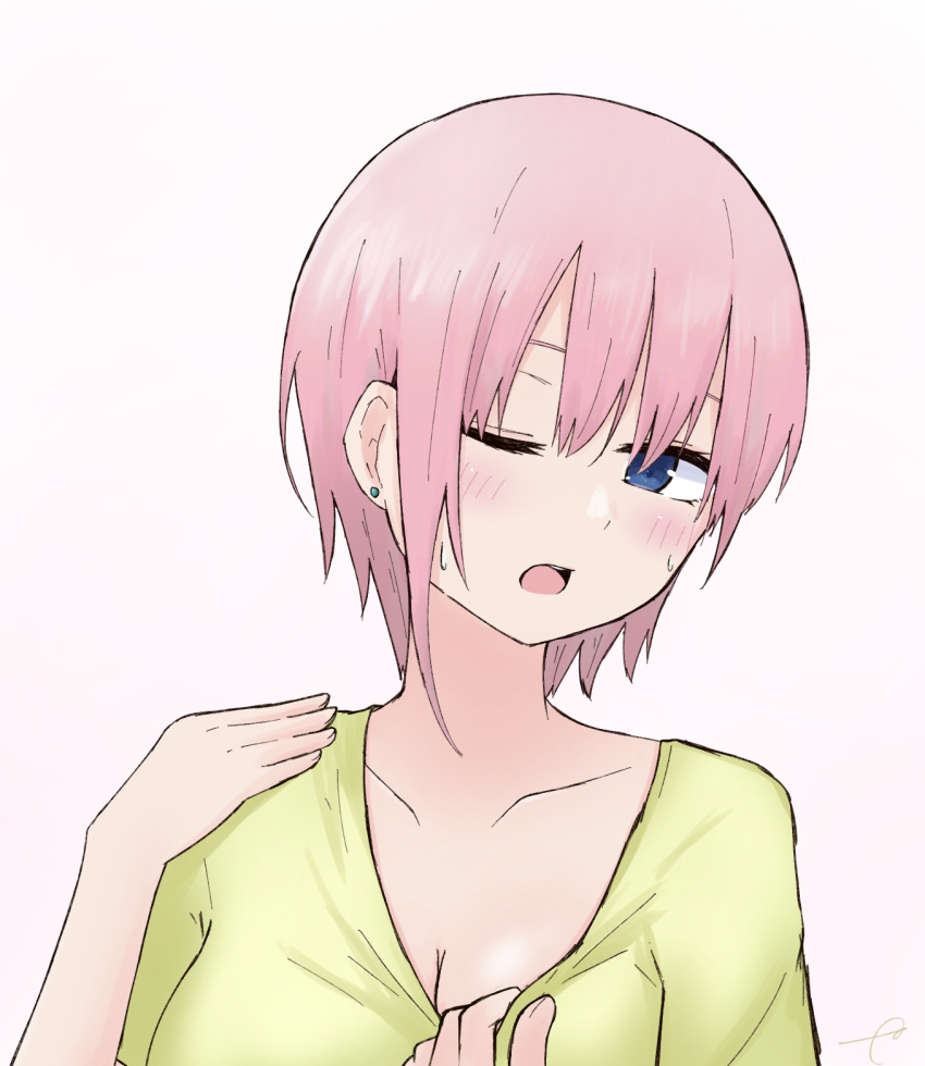 1girl bangs blue_eyes blush breasts cleavage collar_tug commentary_request earrings eyebrows_visible_through_hair fanning_face fanning_self fingernails go-toubun_no_hanayome hair_between_eyes hands_up highres jewelry kujou_karasuma medium_breasts nakano_ichika one_eye_closed open_mouth pink_background pink_hair shirt short_hair short_sleeves signature simple_background solo stud_earrings sweat upper_body yellow_shirt