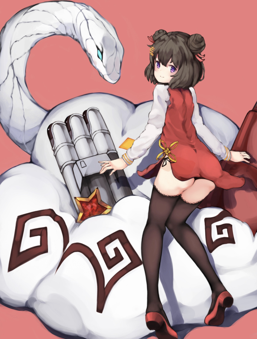 1girl absurdres ass azur_lane black_hair black_legwear china_dress chinese_clothes commentary_request double_bun dress hair_between_eyes hair_ornament highres kneepits long_sleeves purple_eyes red_background red_footwear shoes simple_background smile snake solo star tai_yuan_(azur_lane) thighhighs yeong